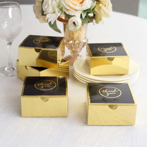 Vista 5 de Efavormart - Paquete de 25 cajas de regalo impresas en oro negro con texto en inglés "Thank You", 4 x 4 x 2 pulgadas, cajas de regalo de cartulina