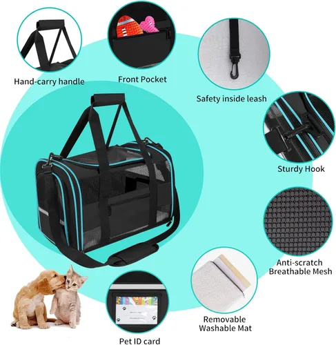 Vista 5 de Transportín para Gatos Transportín para Mascotas Aprobado por Aerolíneas para Perros Pequeños Gatos Cachorros Plegable de Lados Suaves Bolsa de Negro