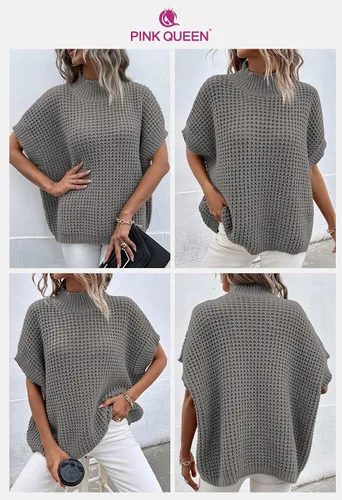 Vista 3 de Pink Queen Suéter de punto holgado de gran tamaño con cuello alto falso para mujer