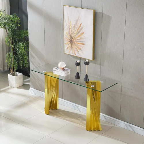 Vista 27 de Mesa de centro de cristal de lujo, mesa de centro de sofá de 47 pulgadas con marco de acero inoxidable dorado y parte superior de vidrio negro, mesa