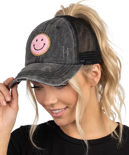 Vista 111 de Funky Junque - Sombrero de cola de caballo para mujer, gorra de béisbol con ajuste ajustable y cola de caballo alta cruzada para uso diario Paquete