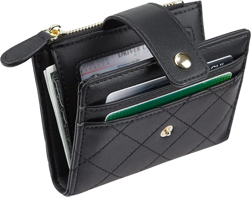 Vista 49 de Cartera de cuero para mujer, pequeña, compacta, plegable, con bolsillo para monedas con cremallera