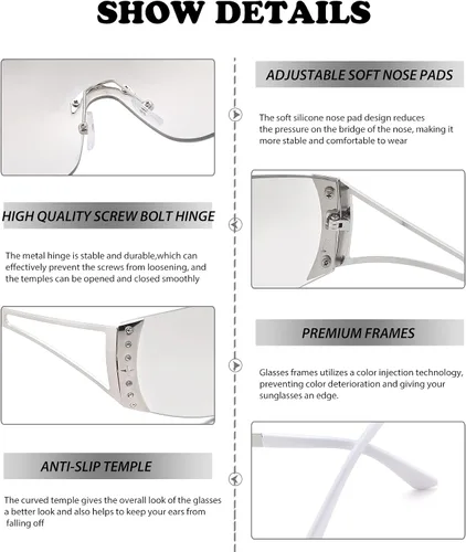 Vista 6 de NULOOQ Gafas de sol envolventes Y2K para mujeres y hombres, gafas de sol futuristas sexys sin marco, escudo de estrellas planas