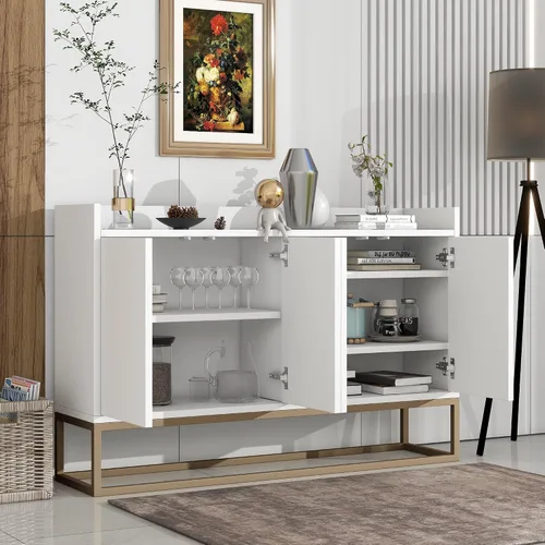 Vista 3 de Aparador moderno de gran espacio de almacenamiento con puerta de ratán artificial, mesa de consola con 4 puertas y estante ajustable, mesa de Blanco