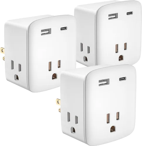 Vista 9 de Extensor de salida aprobado para cruceros, regleta de alimentación sin sobretensiones con 3 salidas de CA y 2 USB (1 USB-C), adaptador de enchufe