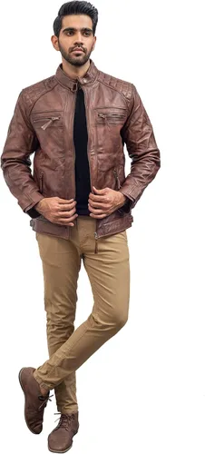 Vista 6 de Cafe Racer Motorcycle Jacket Men - Real Lambskin Leather Jacket Mens
