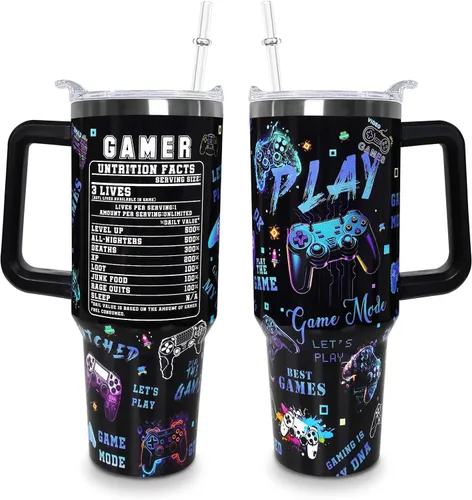Vista 11 de Sunmdecor Vaso de 40 onzas con asa y pajitas de silicona, vaso aislado de café con asa, vaso de 40 onzas con asa