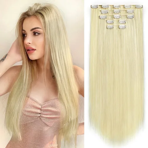 Vista 33 de Extensiones de cabello sintético con clip, color burdeos de 18 pulgadas de largo, invisibles, gruesas, extensiones de cabello lacio con clips, 5