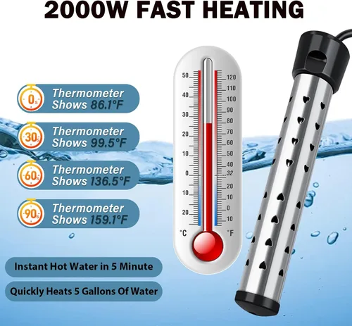 Vista 2 de Calentador de inmersión de 2000 W, calentador de agua eléctrico portátil, calentamiento rápido para cubos, bañeras, calentador de agua sumergible