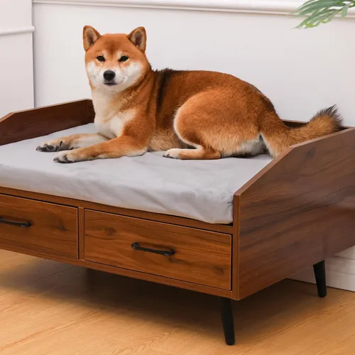 Vista 6 de Cama elevada para perros pequeños a medianos: sofá de madera para interiores de 32 x 21 pulgadas con cojín suave, estilo moderno de mediados
