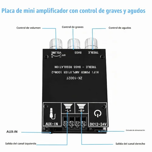 Vista 2 de ZK-1002T Placa de amplificador Bluetooth de 100 W+100 W con control de agudos y graves, placa de amplificador de audio estéreo mini de 2.0 canales