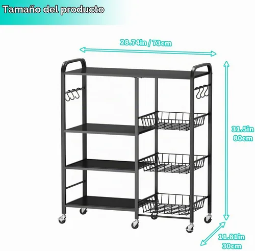 Vista 7 de HapiRm - Carrito rodante de cocina con microondas de 4 niveles - Soporte de mesa para microondas con cestas extraíbles, estante de almacenamiento