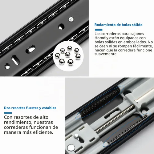 Vista 3 de homdiy 10 pares de correderas de cajón de cierre suave de 22 pulgadas, 3 secciones de extensión completa, montaje lateral, rieles de rodamiento