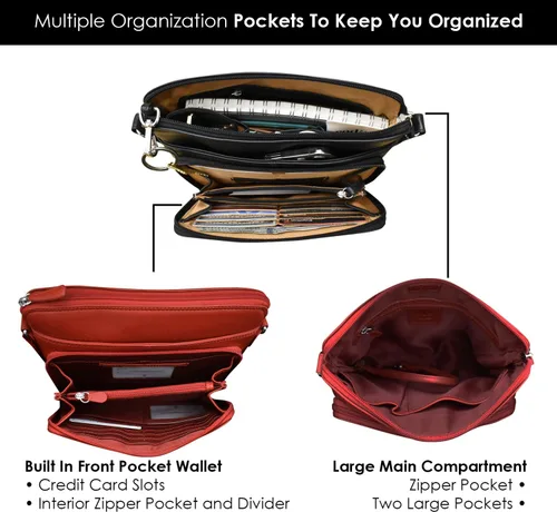 Vista 4 de ili New York Bolsos cruzados de cuero genuino para mujer, organizador de hombro con bloqueo RFID de primera calidad con correa ajustable