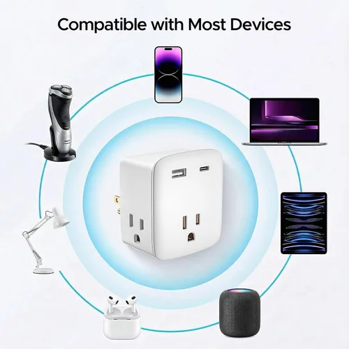 Vista 5 de Extensor de salida aprobado para cruceros, regleta de alimentación sin sobretensiones con 3 salidas de CA y 2 USB (1 USB-C), adaptador de enchufe