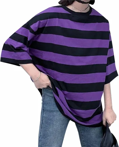 Vista 7 de Camiseta Harajuku de gran tamaño a rayas de manga larga con cuello redondo para mujer NegroGris