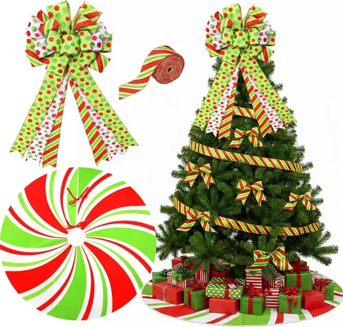 Vista 10 de Zomiboo Juego de decoración para árbol de Navidad incluye lazo de Navidad con bastón de caramelo, arco decorativo de 31.5 pulgadas, rojo y blanco