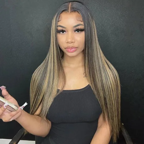 Vista 5 de Peluca de cabello humano con encaje frontal transparente HD 1B 27 de color degradado 1B 27, con nudos blanqueados, densidad del 180%, prearrancada