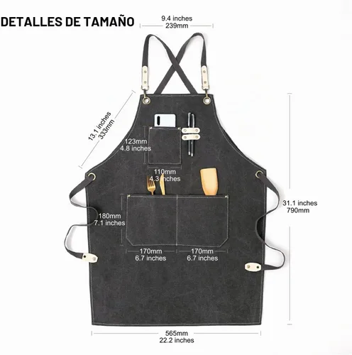 Vista 5 de Delantal de lona de algodón con espalda cruzada para pintar, jardinería, chef, barman, trabajo, impermeable, ajustable, con 3 bolsillos, para Negro