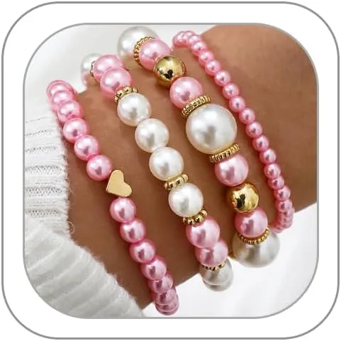 Vista 12 de Pulseras de perlas para mujer, pulsera de perlas de imitación con cuentas de perlas blancas, juego de pulseras elásticas apilables, pulseras