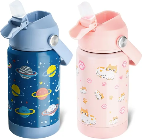 Vista 11 de Kerilyn - Botella de agua para niños, de acero inoxidable, con pajilla a prueba de fugas, con aislamiento térmico, libre de bisfenol A, unisex