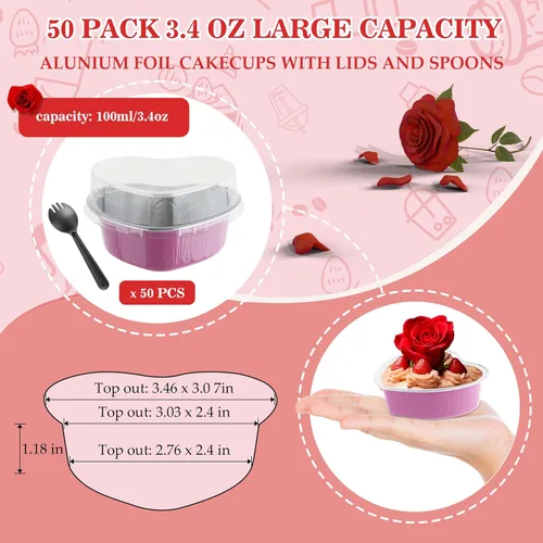 Vista 2 de 50 moldes para pasteles en forma de corazón con tapas, mini moldes para pasteles de 3.4 onzas con tapas, recipientes para cupcakes, mini forros