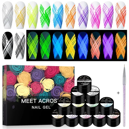 Vista 8 de Gel de araña luminoso de 12 colores, gel de araña que brilla en la oscuridad para arte de uñas, gel de dibujo de alambre elástico para línea