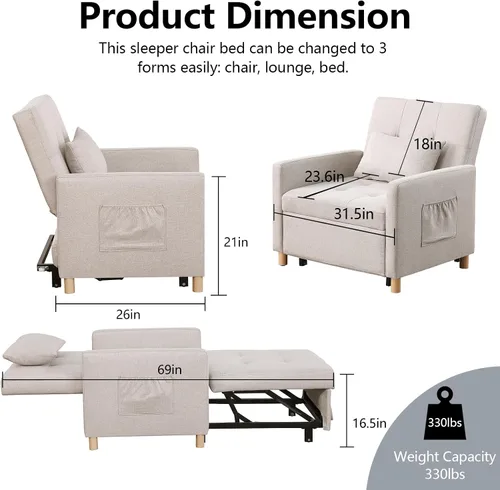 Vista 2 de Silla de cama convertible, sofá cama extraíble con respaldo ajustable, tela de lino, silla convertible con bolsillo lateral para sala de estar