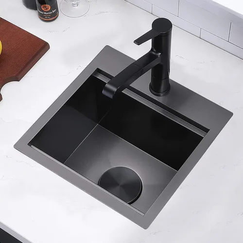 Vista 4 de IKEBANA Fregadero de barra negro de 15 x 15 pulgadas, fregadero de barra sumergible de acero inoxidable de calibre 16, montaje en la parte superior