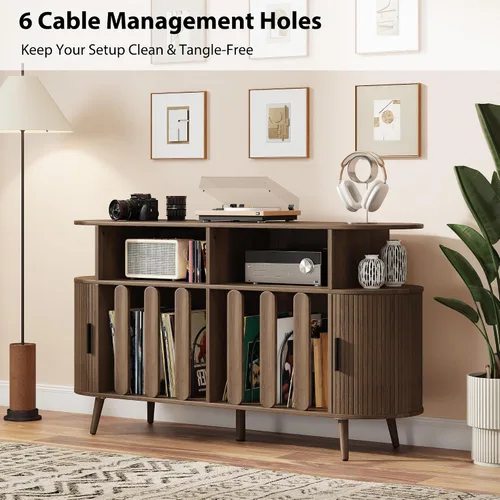 Vista 4 de Soporte para tocadiscos con almacenamiento de vinilo, mesa de tocadiscos con estación de carga, consola multimedia y estante de discos para más