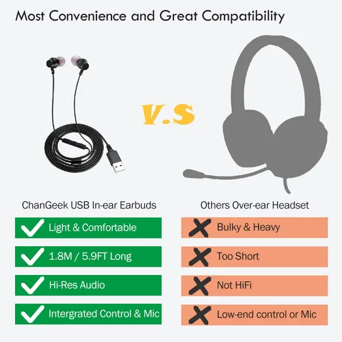 Vista 4 de Auriculares USB para computadora, auriculares USB intrauditivos con micrófono y cable largo de 1.8 M, auriculares USB-A compatibles con laptop, PC