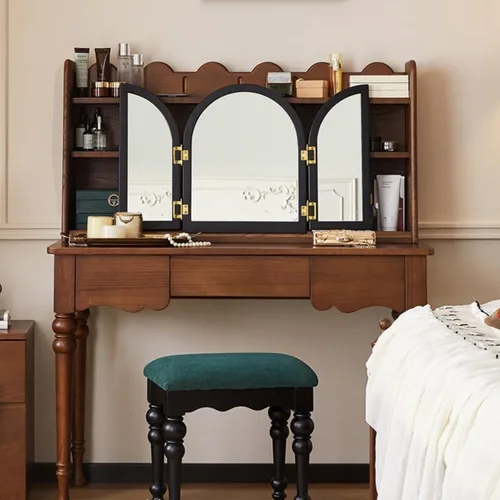Vista 2 de JITUIHOM Tocador de madera maciza, maquillaje para dormitorio, escritorio pequeño retro con espejo