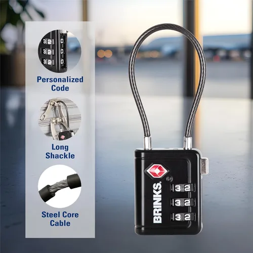 Vista 4 de Brinks TSA - Cerradura indicadora aceptada para equipaje, color negro, combinación reajustable, grillete largo de 2.5 pulgadas, llave TSA008 más