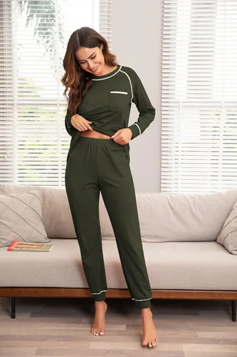 Vista 2 de Ekouaer Conjunto de pijama para mujer, suave, de manga larga, ropa de dormir de algodón, tallas S-XXL