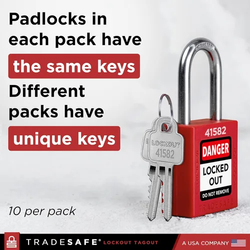 Vista 8 de TRADESAFE Juego de cerraduras de bloqueo - 7 candados iguales con llave roja, 2 llaves por cerradura, cerraduras Loto compatibles con OSHA