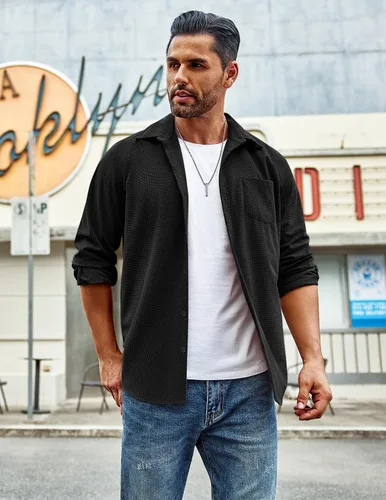 Vista 4 de COOFANDY Camisa de manga larga con botones y bolsillos para hombre