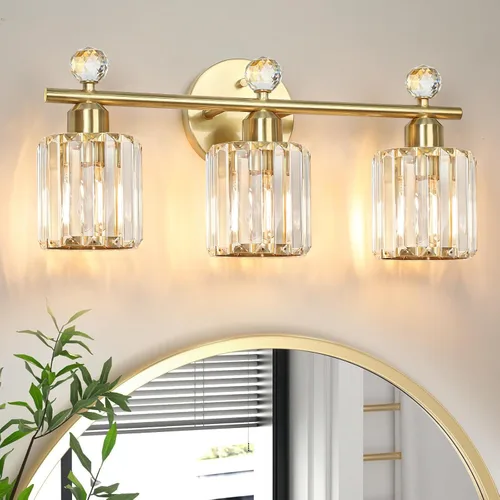 Vista 12 de Lámparas de baño doradas de 1 luz, modernas luces de tocador de baño con pantalla de cristal transparente, luces de montaje en pared de baño