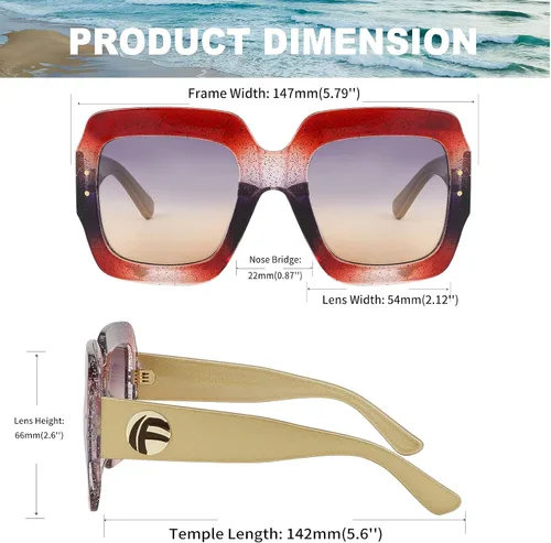 Vista 6 de Feisedy B2276 Gafas de sol cuadradas de gran tamaño con marco de brillantina multicolor