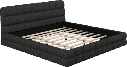 Vista 6 de KLMM Unique King Size Upholstered Platform Bed with Thick Fabric, Grounded Bed with Solid Frame,for Kids Teens Adults Bedroom Use (Black-TF, King)