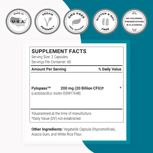 Vista 3 de Supersmart - Paquete de fórmula H. Pylori (acción completa) - Probiótico L. Reuteri con goma de mascar Sin OMG y sin gluten - 60 x 2 y 120