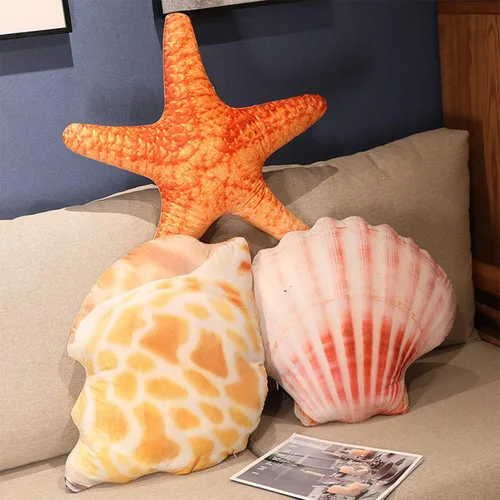 Vista 7 de Almohada de felpa costera de playa de simulación de conchas de mar y conchas de mar, cojín de almohada de felpa 3D, almohada decorativa para sofá