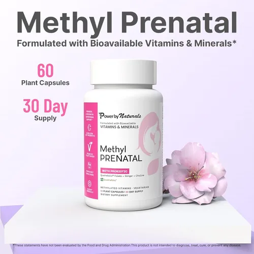 Vista 10 de Power By Naturals Metil prenatal con probióticos - Vitaminas prenatales para mujeres con hierro, folato de metilo, nutrientes B12 y 28 y botánicos