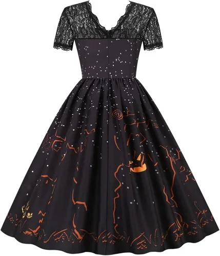 Vista 4 de Disfraces de Halloween para mujer, vestido con cuello en V, manga corta con cremallera y panel de encaje