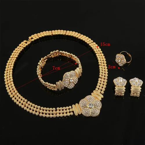 Vista 3 de Juego de joyas de collar con colgante chapado en oro de 24 quilates para mujeres africanas de Dubai, fiesta de boda, joyería de flores, Latón