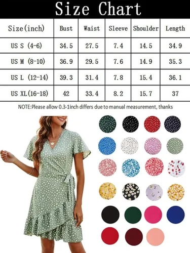 Vista 6 de Naggoo Vestido de verano con diseño envolvente, cuello en V, estampado de lunares o floral, con volantes, manga corta, con cinturón, mini, para mujer