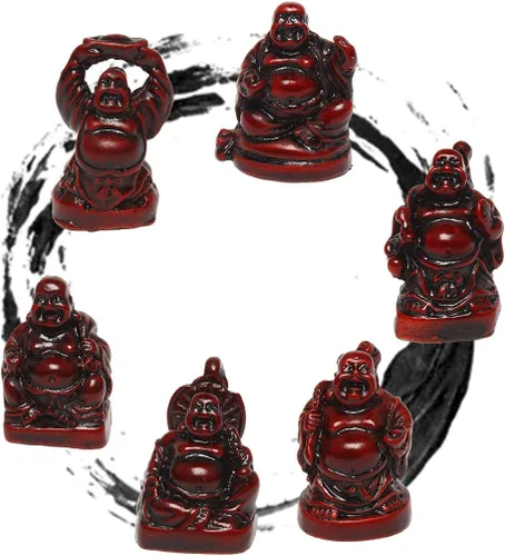 Vista 7 de Juego de 6 figuras de Buda sonriente de la suerte feliz de Buda, 1 pulgada, color rojo