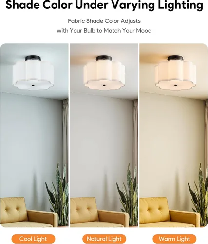 Vista 2 de VONLUCE Lámpara de techo semiempotrada de 12.6 pulgadas, moderna lámpara de techo de 3 luces con pantalla en forma de pétalos blancos, 3 enchufes