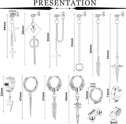 Vista 4 de Fiasaso Juego de 22 aretes colgantes de acero inoxidable con bisagras de aro de cadena larga aretes colgantes de cruz para hombre color negro