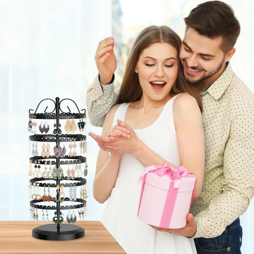 Vista 7 de LASZOLA Soporte organizador de aretes negro de 5 niveles, árbol para mujer, almacenamiento para tachuelas y aro, soporte de clip giratorio grande