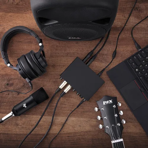 Vista 5 de LyxJam Paquete de grabación de interfaz de audio USB 2 × 2, micrófono de condensador cardioide, auriculares de estudio, montaje de choque, cable